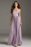 Light Purple A Line Pleated Satin Long Evening Dress
