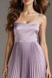 Light Purple A Line Pleated Satin Long Evening Dress