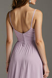 Light Purple A Line Pleated Satin Long Evening Dress