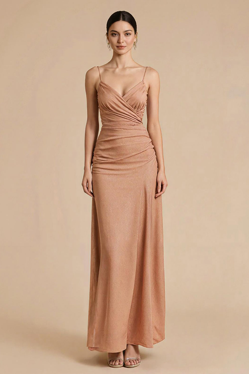 Terracotta Sheath Ruched Maxi Evening Dress