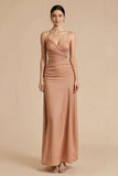 Terracotta Sheath Ruched Maxi Evening Dress