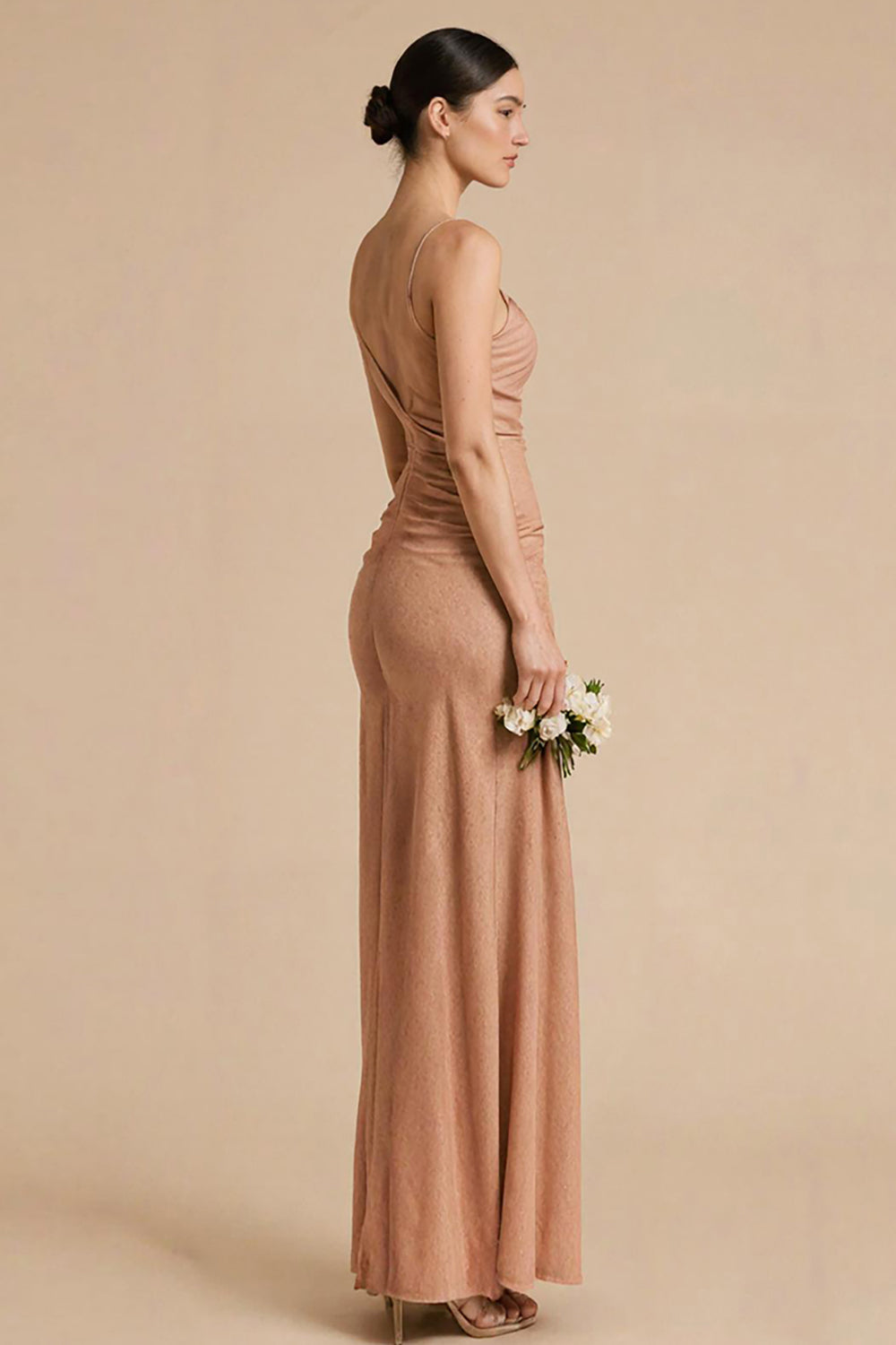 Terracotta Sheath Ruched Maxi Evening Dress