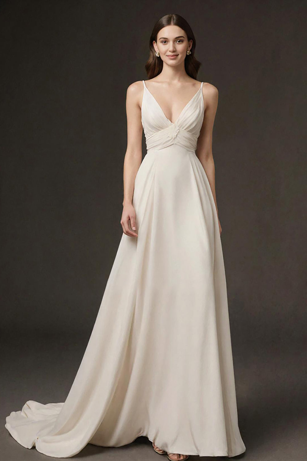 Ivory V Neck A Line Ruched Long Evening Dress