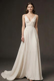 Ivory V Neck A Line Ruched Long Evening Dress