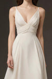 Ivory V Neck A Line Ruched Long Evening Dress