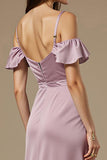 Light Purple Cold Shoulder Satin Sheath Long Evening Dress