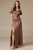Coffee Satin Round Neck Maxi A Line Evening Dress