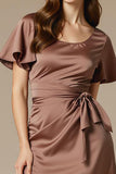 Coffee Satin Round Neck Maxi A Line Evening Dress