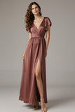 Coffee Satin V Neck A Line Maxi Evening Dress