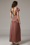 Coffee Satin V Neck A Line Maxi Evening Dress