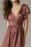 Coffee Satin V Neck A Line Maxi Evening Dress