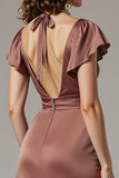 Coffee Satin V Neck A Line Maxi Evening Dress