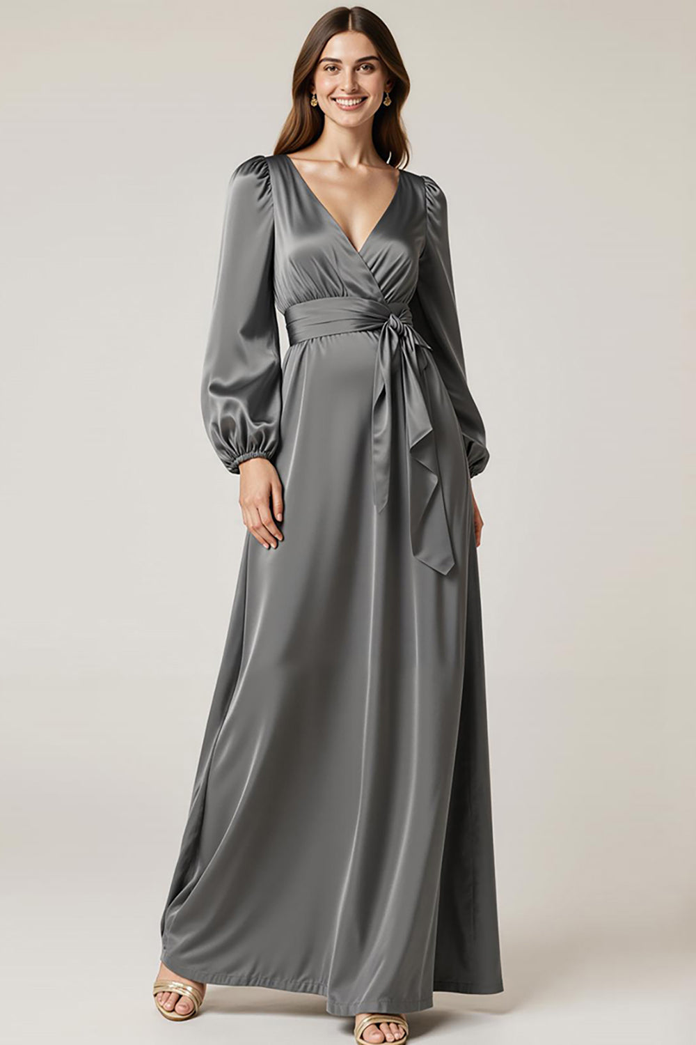 Dark Grey Satin Long Sleeve A Line Maxi Evening Dress