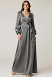 Dark Grey Satin Long Sleeve A Line Maxi Evening Dress