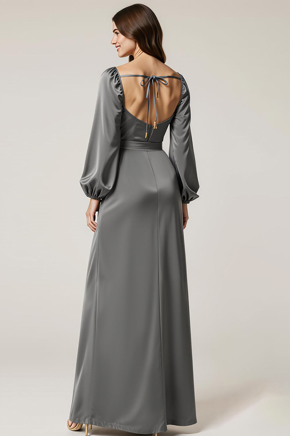Dark Grey Satin Long Sleeve A Line Maxi Evening Dress