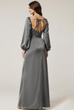 Dark Grey Satin Long Sleeve A Line Maxi Evening Dress
