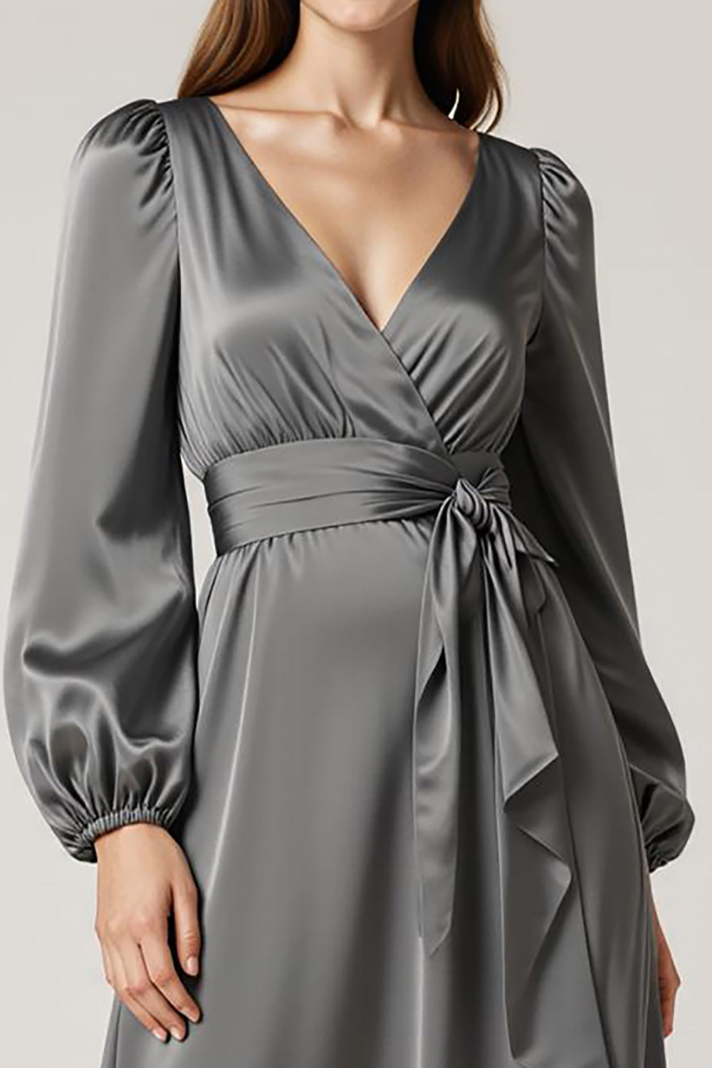 Dark Grey Satin Long Sleeve A Line Maxi Evening Dress