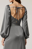 Dark Grey Satin Long Sleeve A Line Maxi Evening Dress