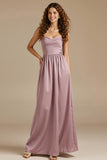 Strapless Dusty Rose A Line Ruched Maxi Evening Dress