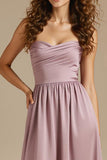 Strapless Dusty Rose A Line Ruched Maxi Evening Dress