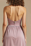 Strapless Dusty Rose A Line Ruched Maxi Evening Dress