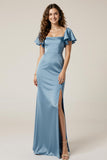 Dusty Blue Satin Square Sheath Maxi Evening Dress