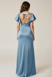 Dusty Blue Satin Square Sheath Maxi Evening Dress