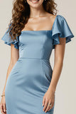 Dusty Blue Satin Square Sheath Maxi Evening Dress