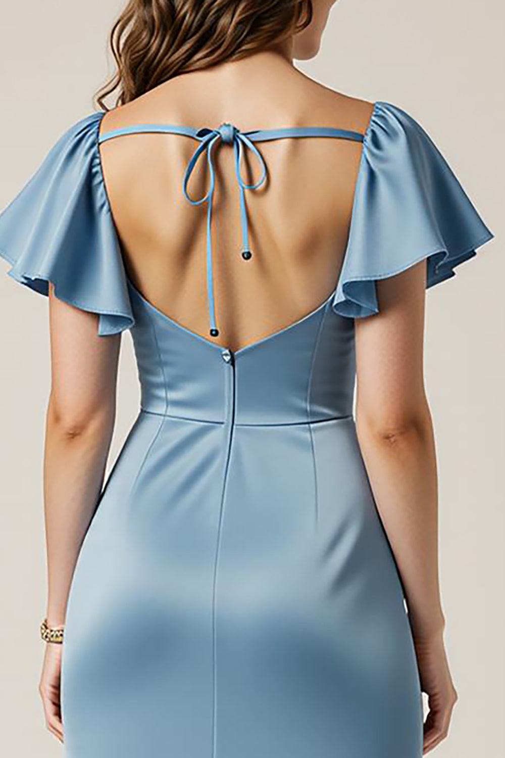 Dusty Blue Satin Square Sheath Maxi Evening Dress