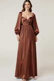 Coffee Satin Long Sleeve A Line Maxi Evening Dress