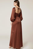 Coffee Satin Long Sleeve A Line Maxi Evening Dress