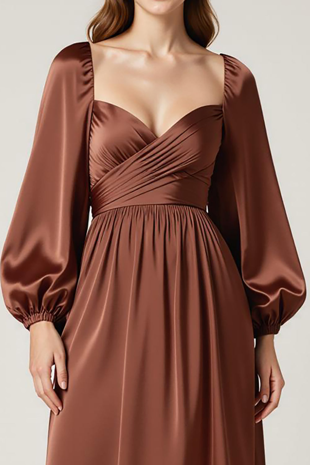 Coffee Satin Long Sleeve A Line Maxi Evening Dress