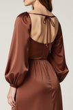 Coffee Satin Long Sleeve A Line Maxi Evening Dress