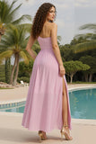 One Shoulder Light Pink A Line Pleated Maxi Evening Dress