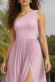 One Shoulder Light Pink A Line Pleated Maxi Evening Dress