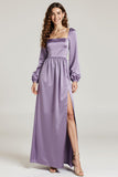 Light Purple Long Sleeve Satin A Line Long Evening Dress