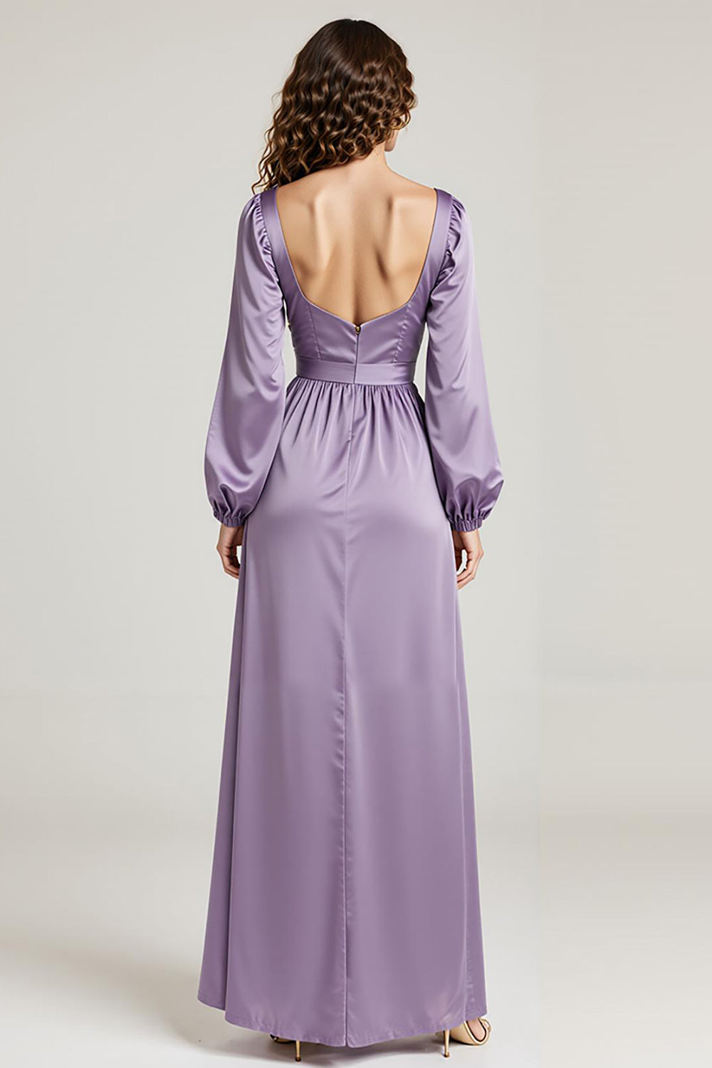 Light Purple Long Sleeve Satin A Line Long Evening Dress