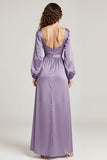Light Purple Long Sleeve Satin A Line Long Evening Dress