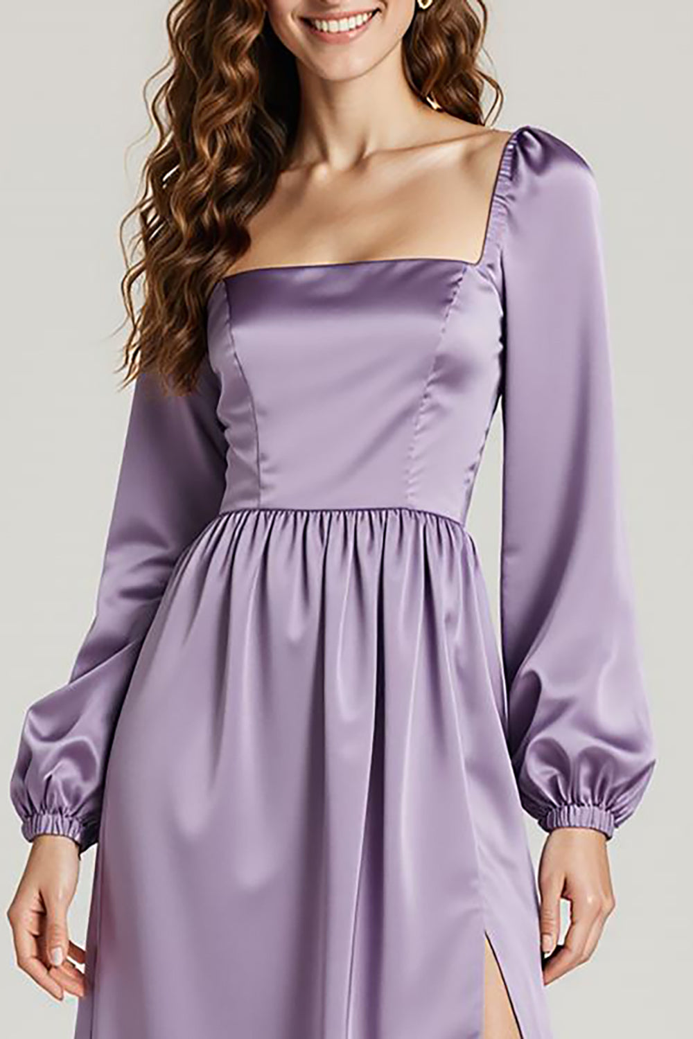 Light Purple Long Sleeve Satin A Line Long Evening Dress