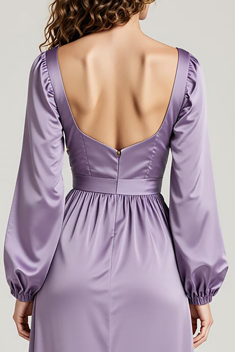 Light Purple Long Sleeve Satin A Line Long Evening Dress