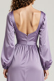 Light Purple Long Sleeve Satin A Line Long Evening Dress
