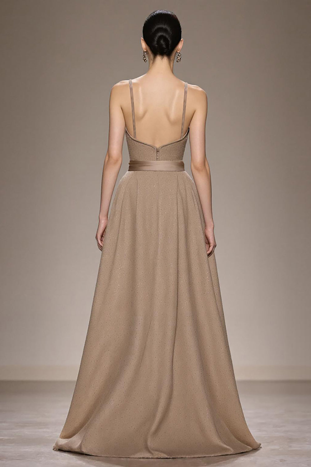 Coffee Satin A Line Long Evening Dress with Belt