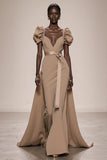 Coffee Satin Puff Sleeve Mermaid Long Evening Dress with Belt