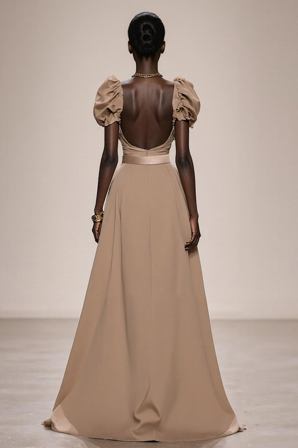 Coffee Satin Puff Sleeve Mermaid Long Evening Dress with Belt