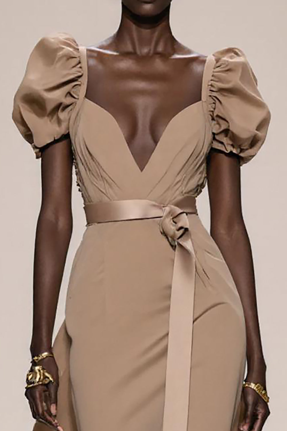 Coffee Satin Puff Sleeve Mermaid Long Evening Dress with Belt