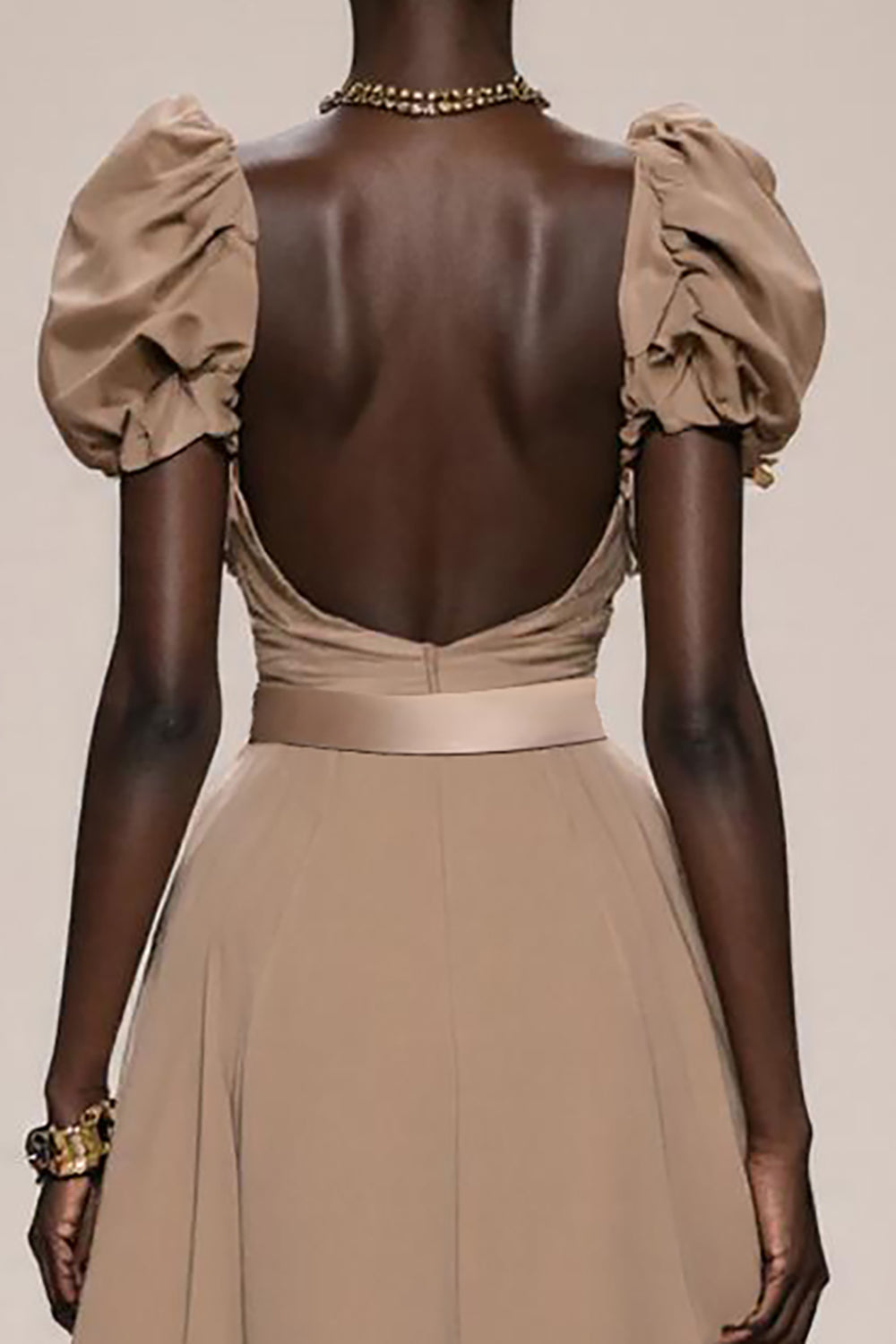 Coffee Satin Puff Sleeve Mermaid Long Evening Dress with Belt