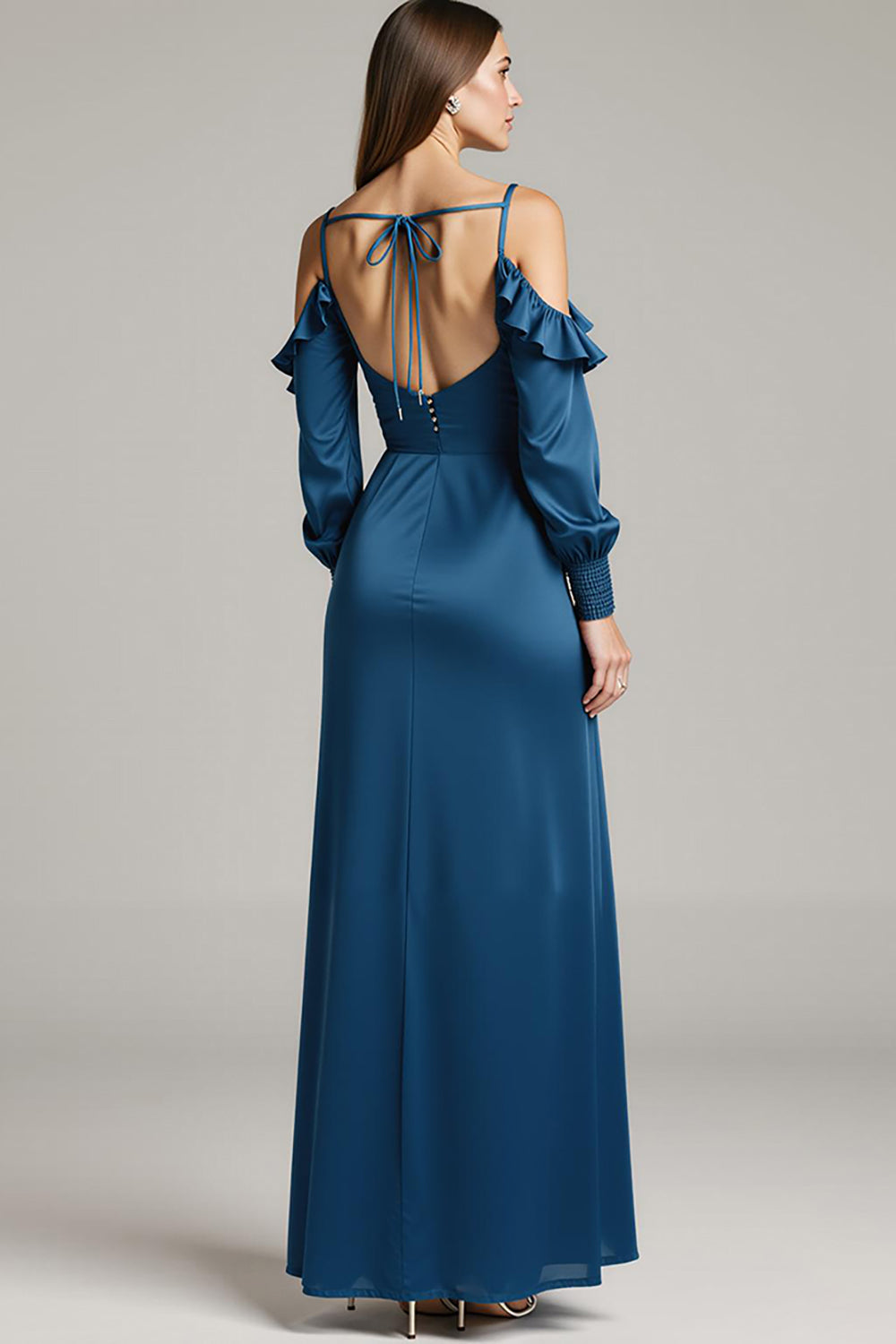 Dark Blue Satin Cold Shoulder Sheath Maxi Evening Dress