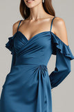 Dark Blue Satin Cold Shoulder Sheath Maxi Evening Dress