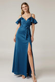 Cold Shoulder Dark Blue Satin A Line Evening Dress