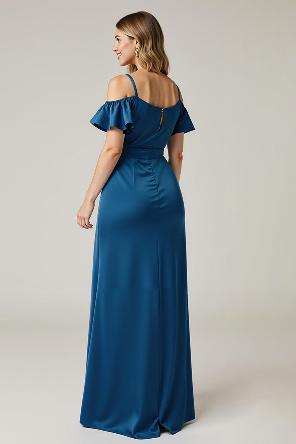 Cold Shoulder Dark Blue Satin A Line Evening Dress
